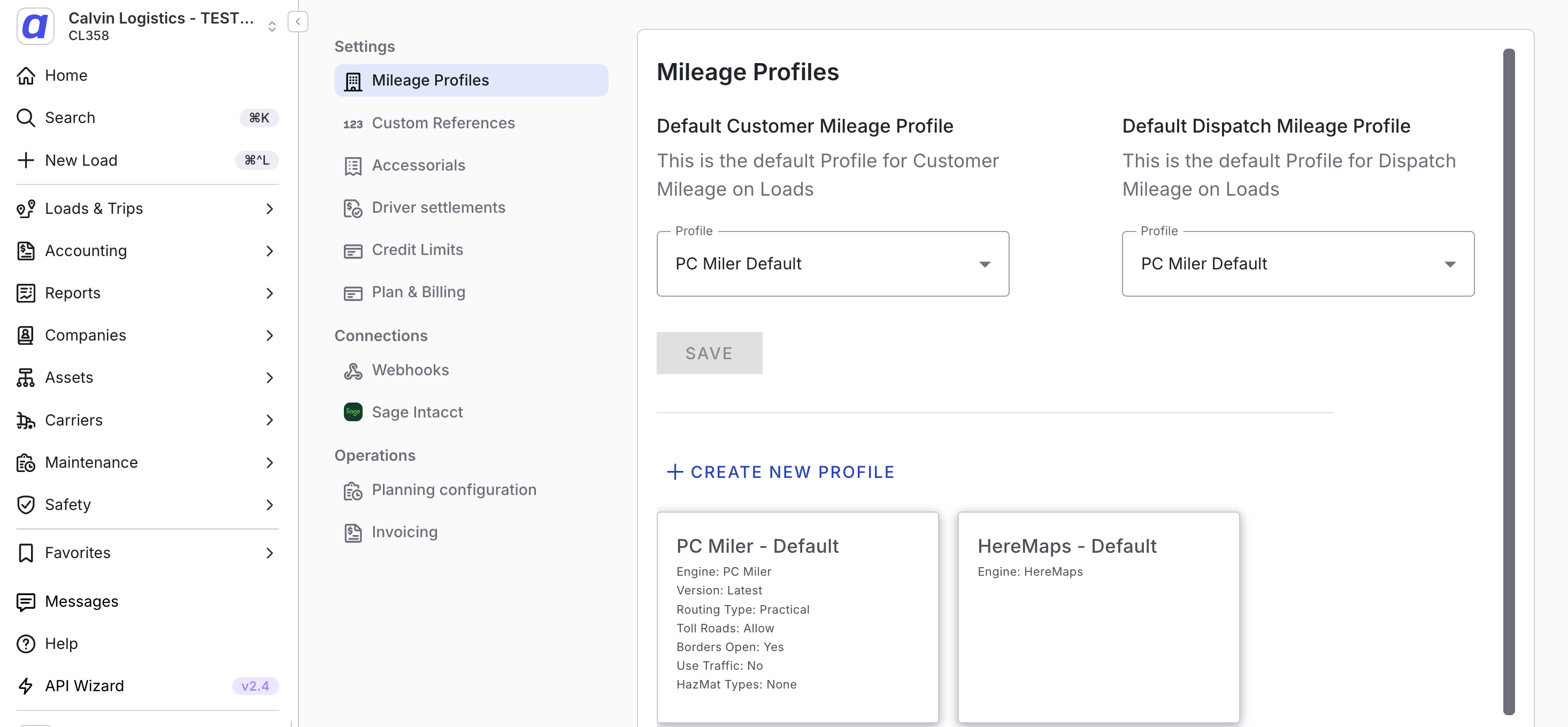Global Settings where admin can create and edit Mileage Profiles for both customer and dispatch mileage.