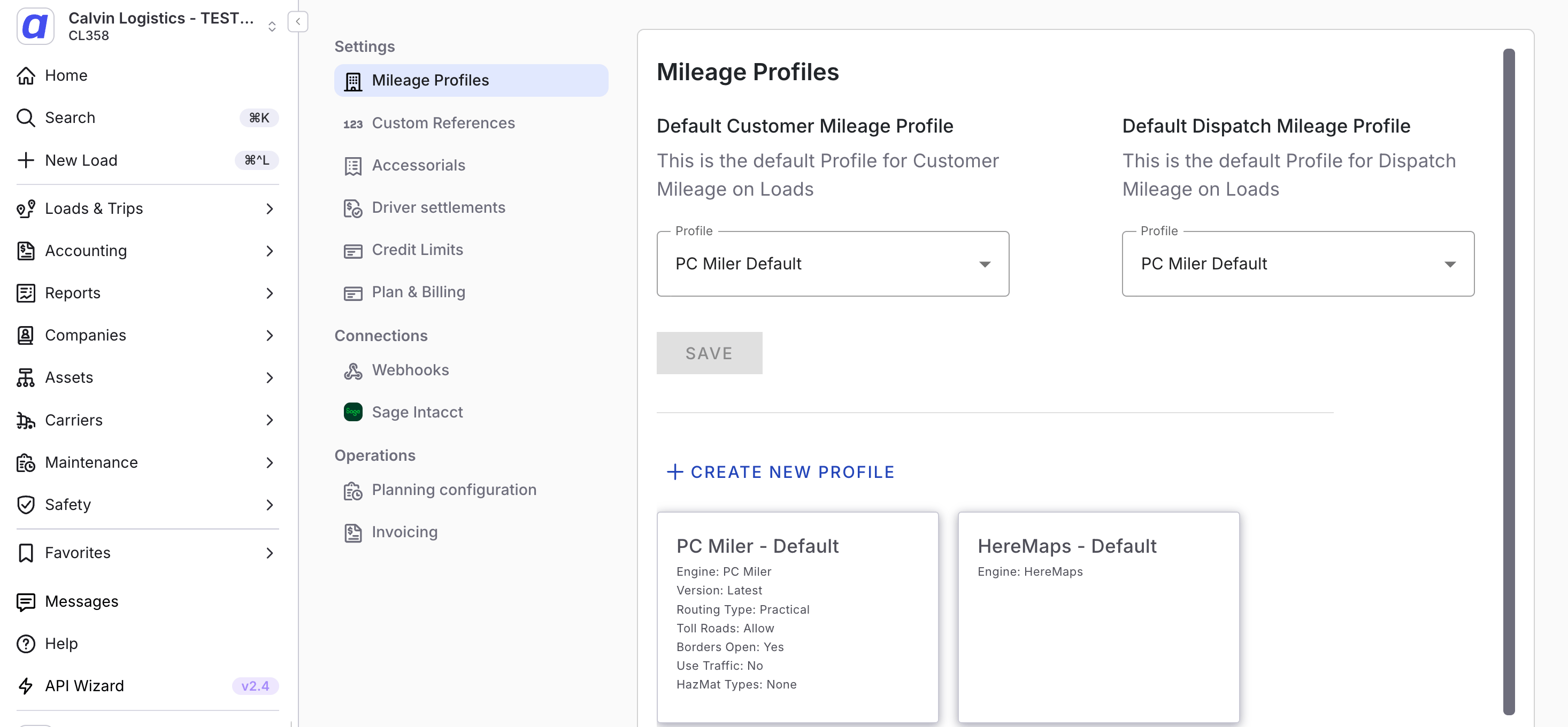 Global Settings where admin can create and edit Mileage Profiles for both customer and dispatch mileage.