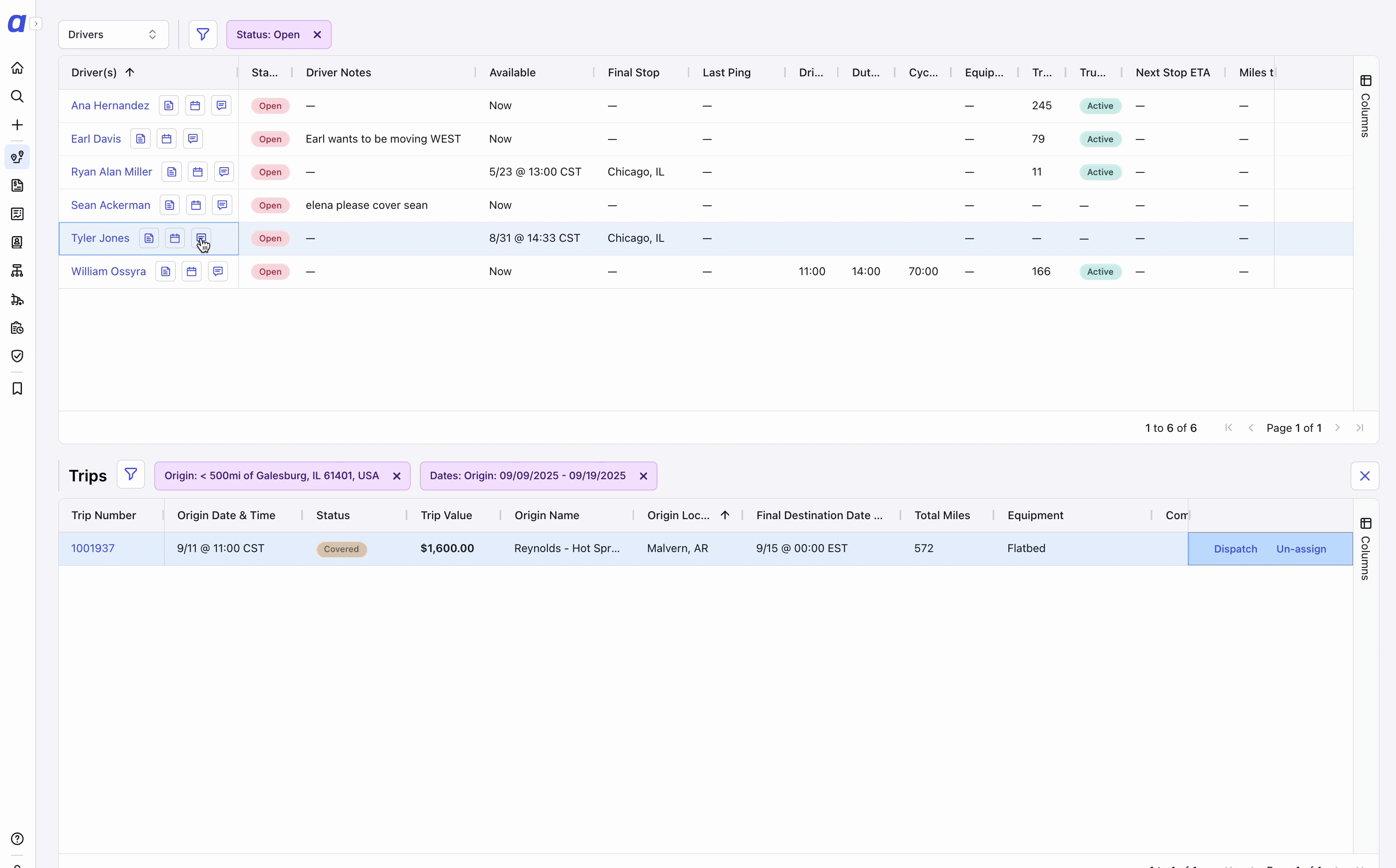 GIF showing the Driver Chat flow: selecting a driver in the assets table, clicking the Chat button in the asset sidebar, typing a message, and sending