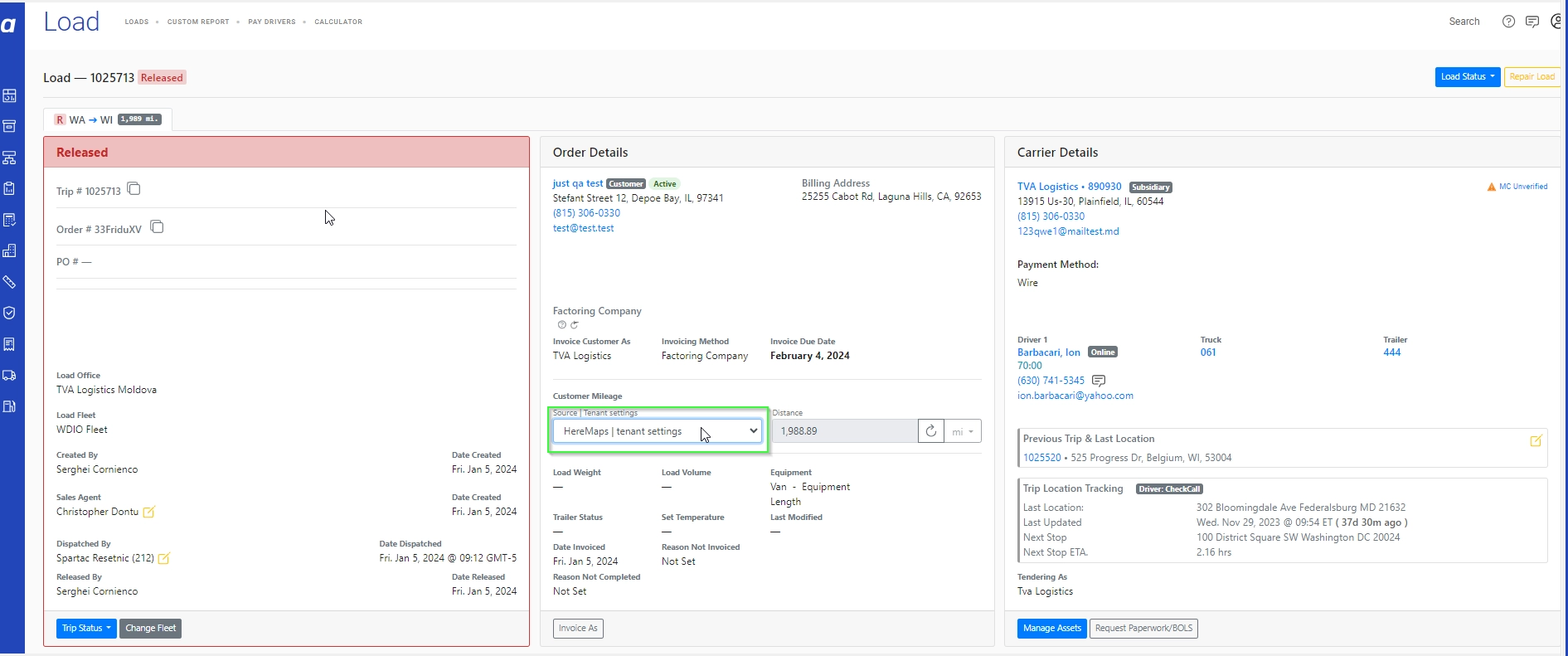 Load Details Page showing Customer mileage and Dispatch mileage fields in the Stops section.