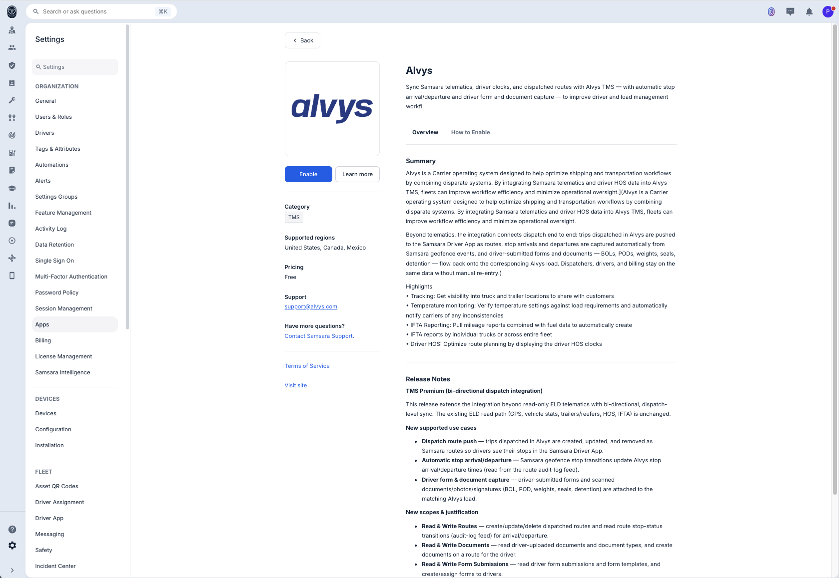 Samsara Apps page, Alvys card with Enable button.