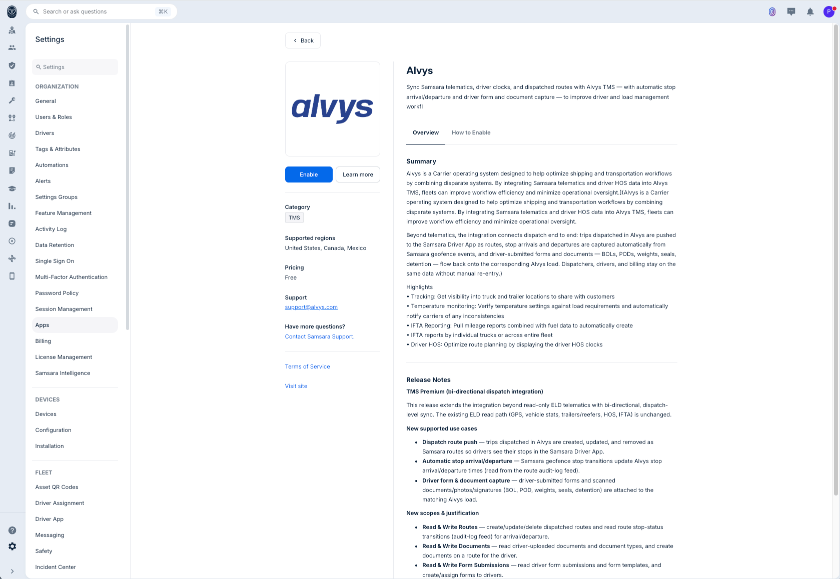 Samsara Apps page, Alvys card with Enable button.