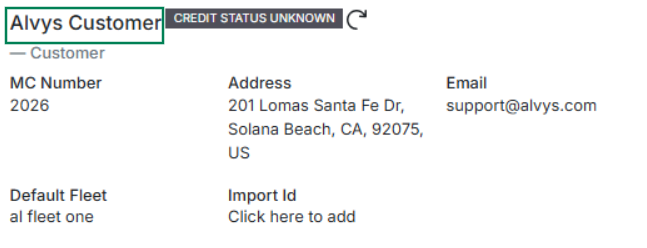 Displays a customer profile header with a green box framing the Alvys Customer name alongside its unknown credit status.