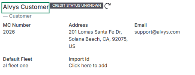 Displays a customer profile header with a green box framing the Alvys Customer name alongside its unknown credit status.
