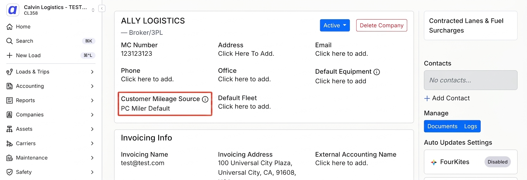 Customer profile mileage source setting in the Companies module.