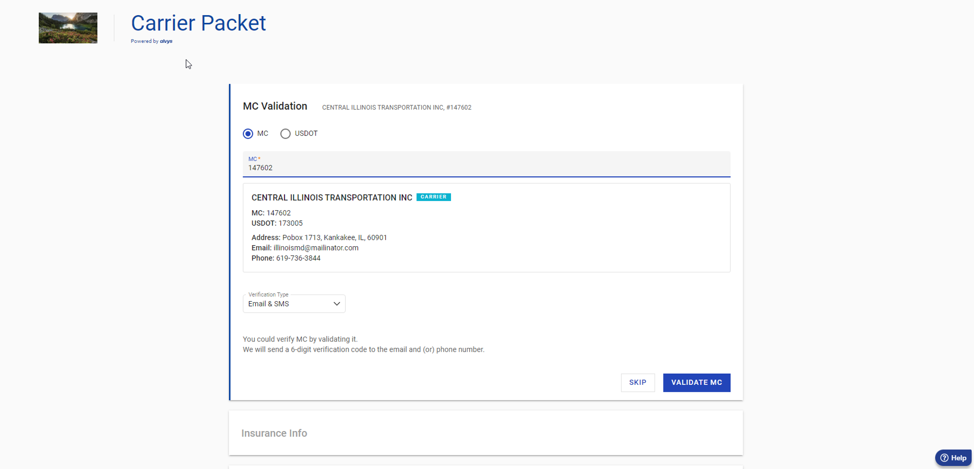 Initiating a Motor Carrier Validation via Carrier packet. Shows the Carrier Packet interface with the Motor Carrier Validation section visible and the verification options displayed.