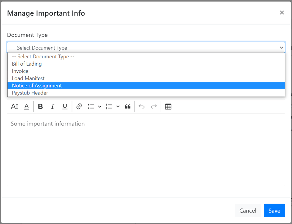 Screenshot showing the Notice of Assignment text entry dialog in Company Profile