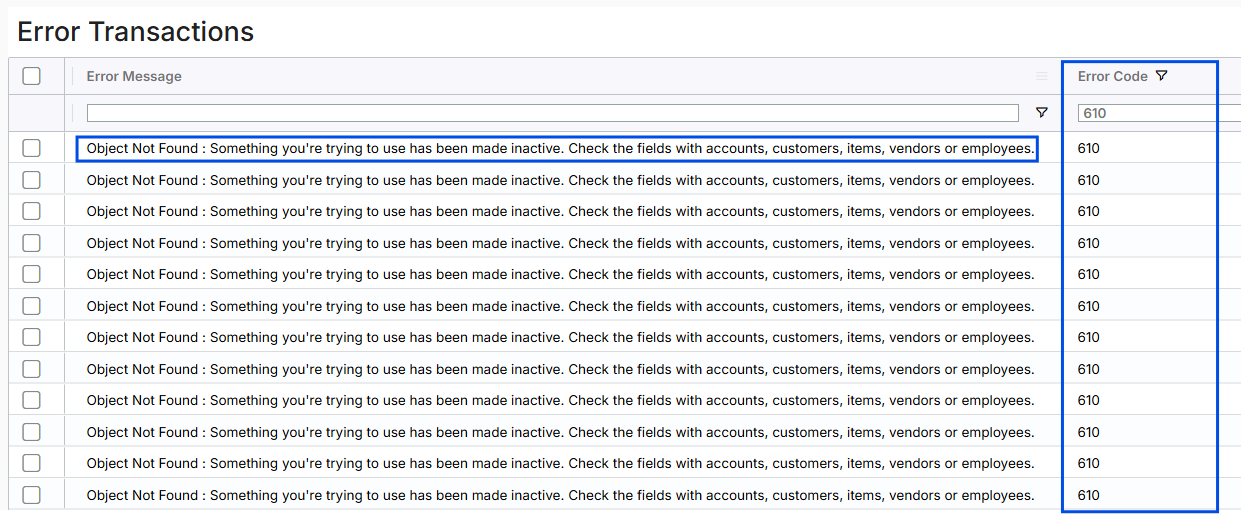 Image displaying the Error Transactions page with the Object Not Found error for transactions