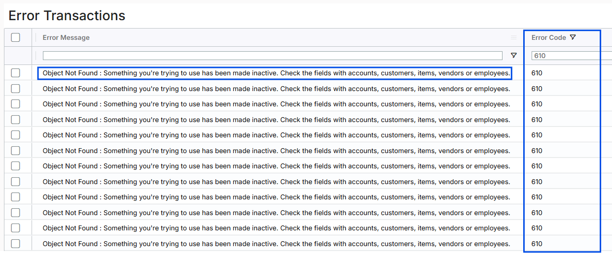 Image displaying the Error Transactions page with the Object Not Found error for transactions