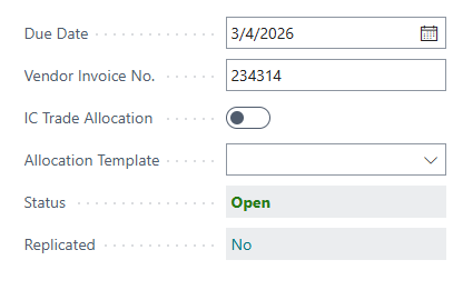 Purchase invoice example in Business Central.