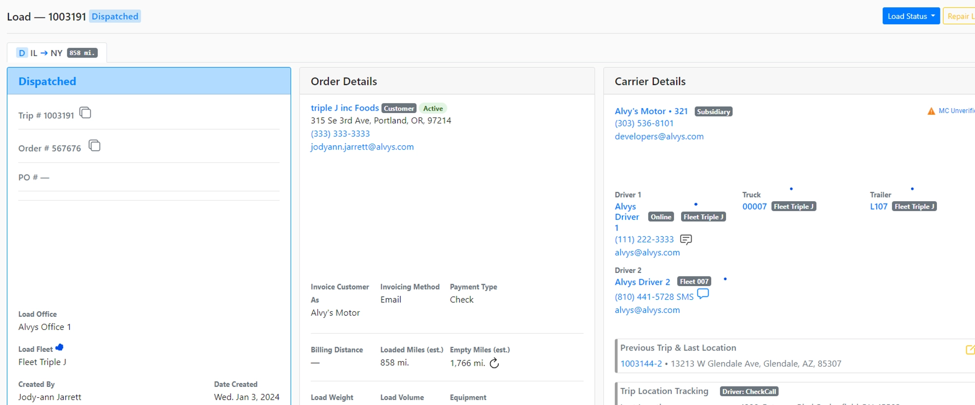 Image showing fleet details on the load details page for a sample load.