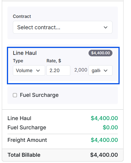 Money Box showing the Volume rate type selected with the rate-per-unit field and the volume field.