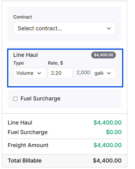 Money Box showing the Volume rate type selected with the rate-per-unit field and the volume field.