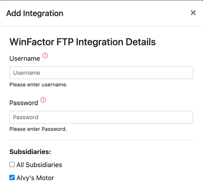 Screenshot showing the WinFactor FTP credential entry form in Alvys Integrations