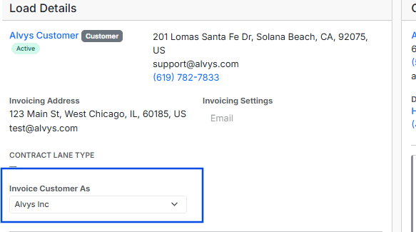 Features the customer load details page with a blue outline focusing on the Invoice Customer As configuration dropdown.