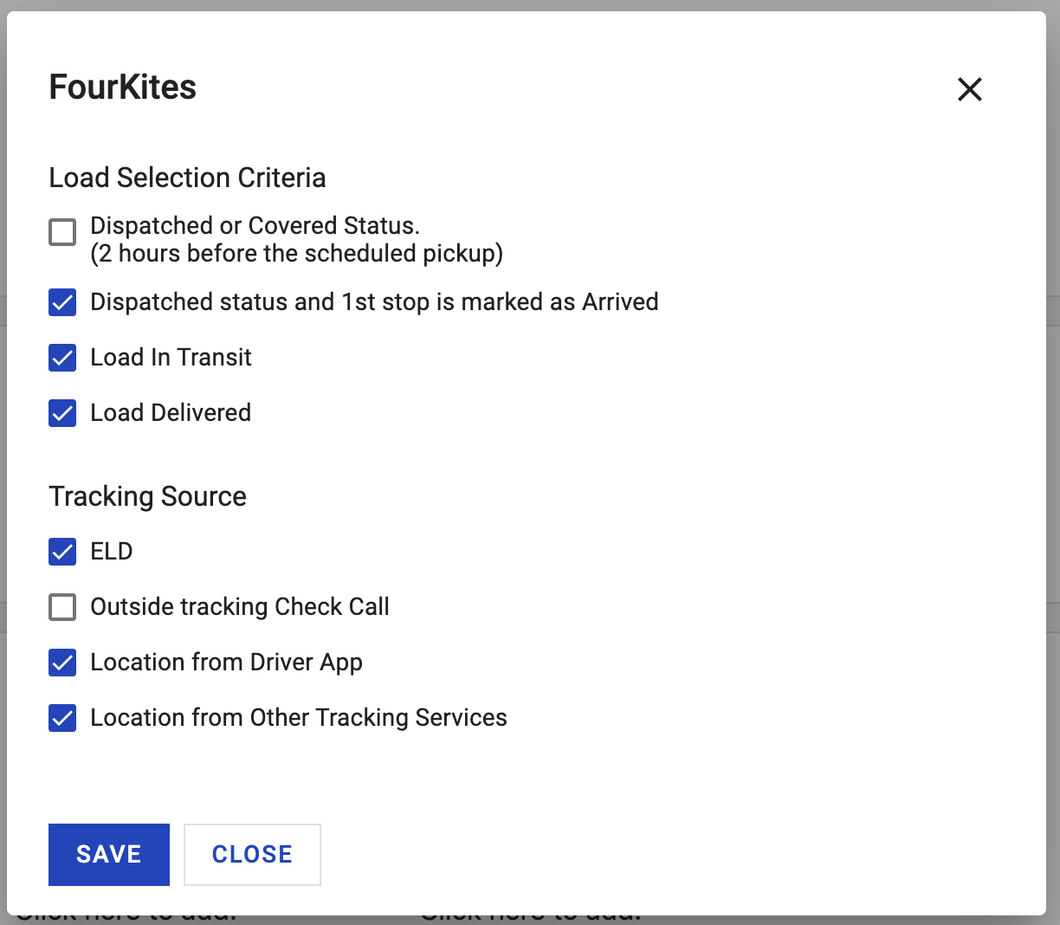 FourKites sharing preferences panel with the eight location sharing options
