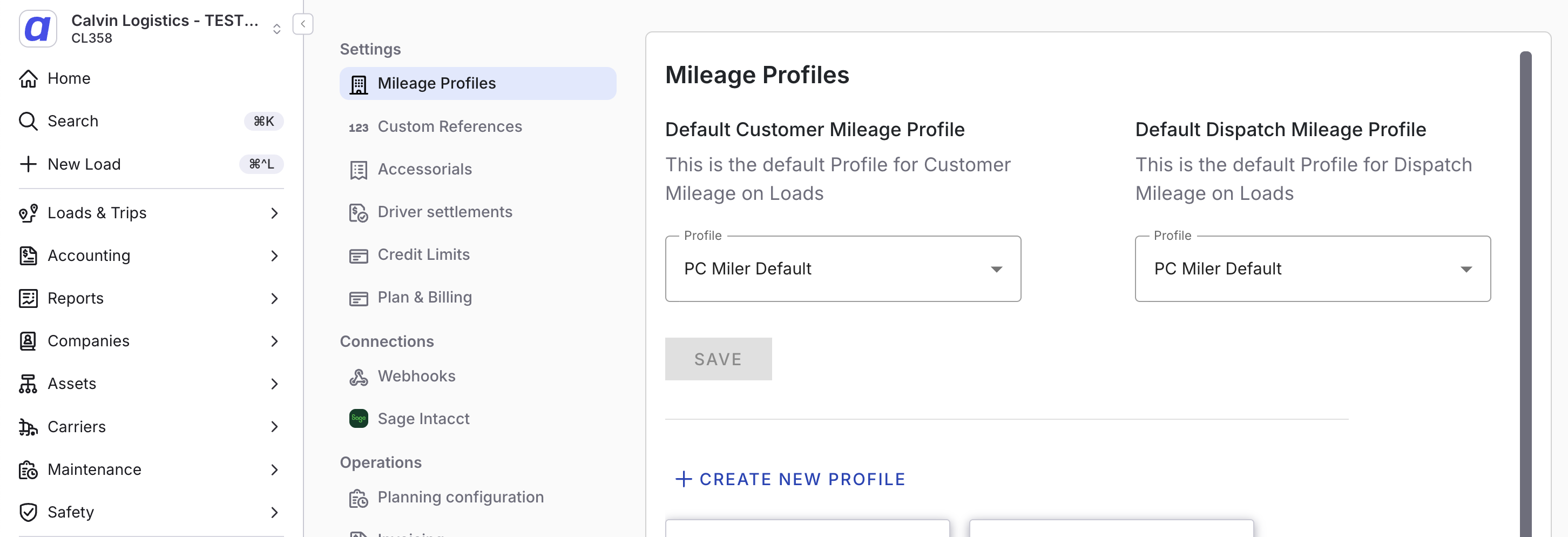 Tenant Management mileage default settings panel.