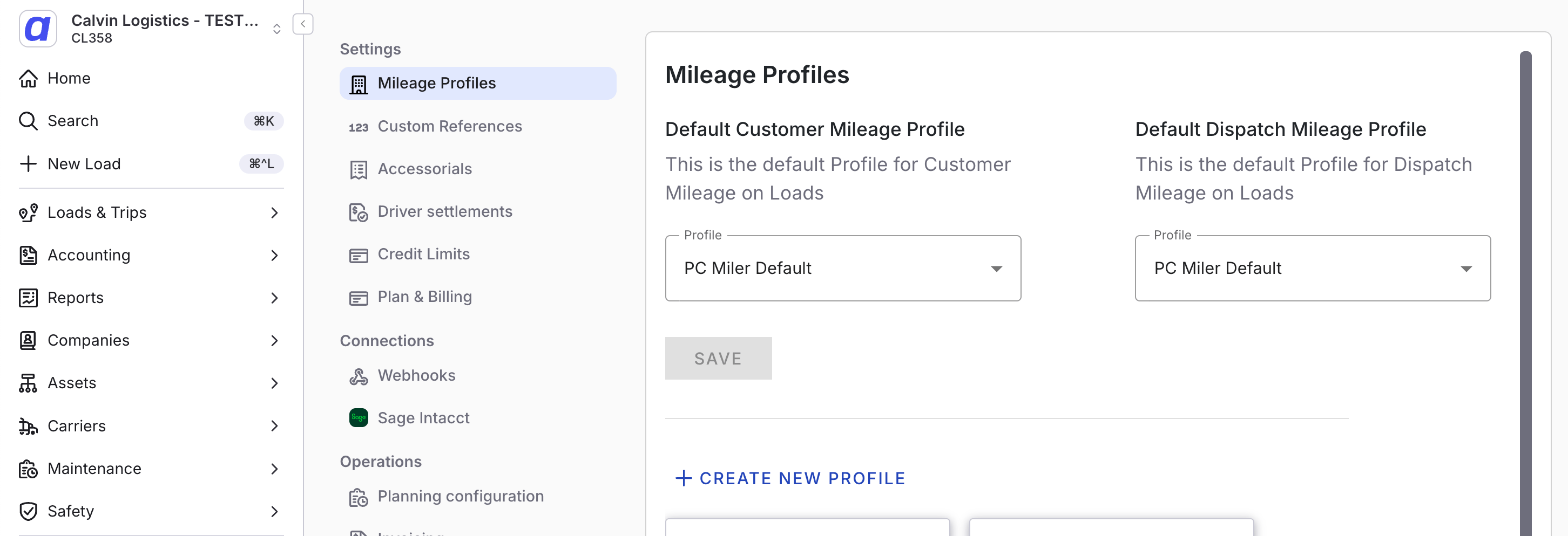 Tenant Management mileage default settings panel.