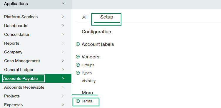 Illustrates navigation inside the application's side menu under Accounts Payable, focusing on the Setup menu row for managing Terms.
