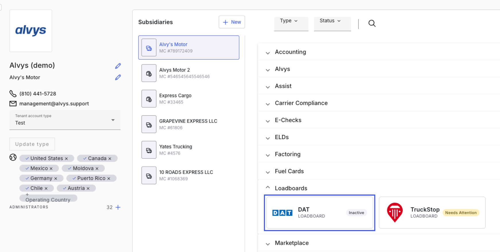 DAT card in the Loadboard section of the Integrations page.