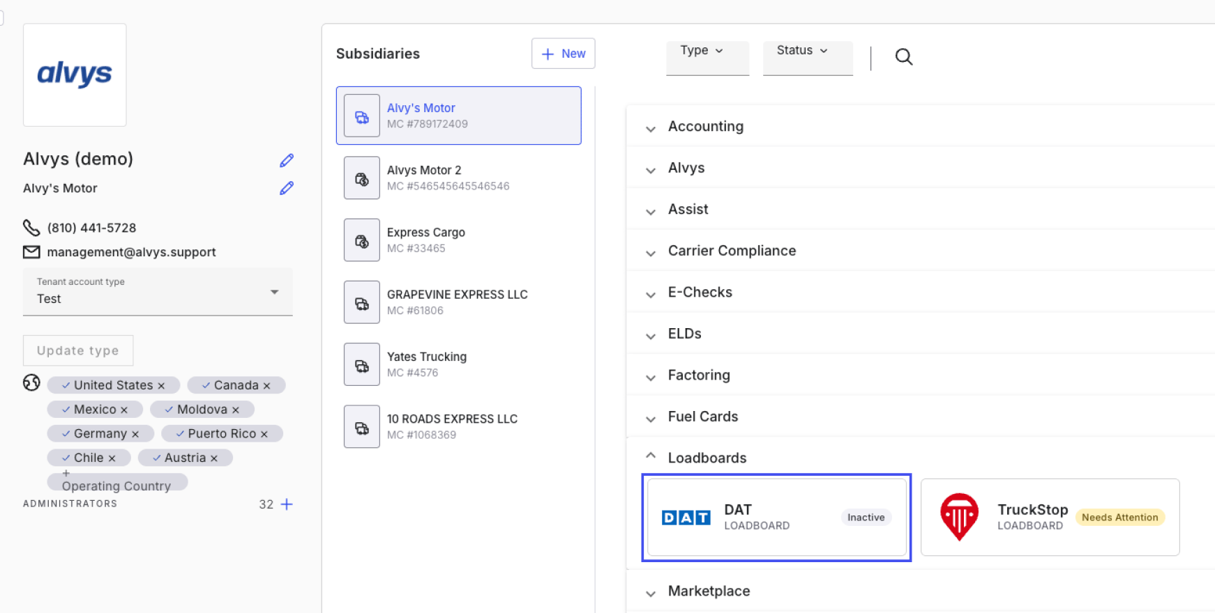 DAT card in the Loadboard section of the Integrations page.