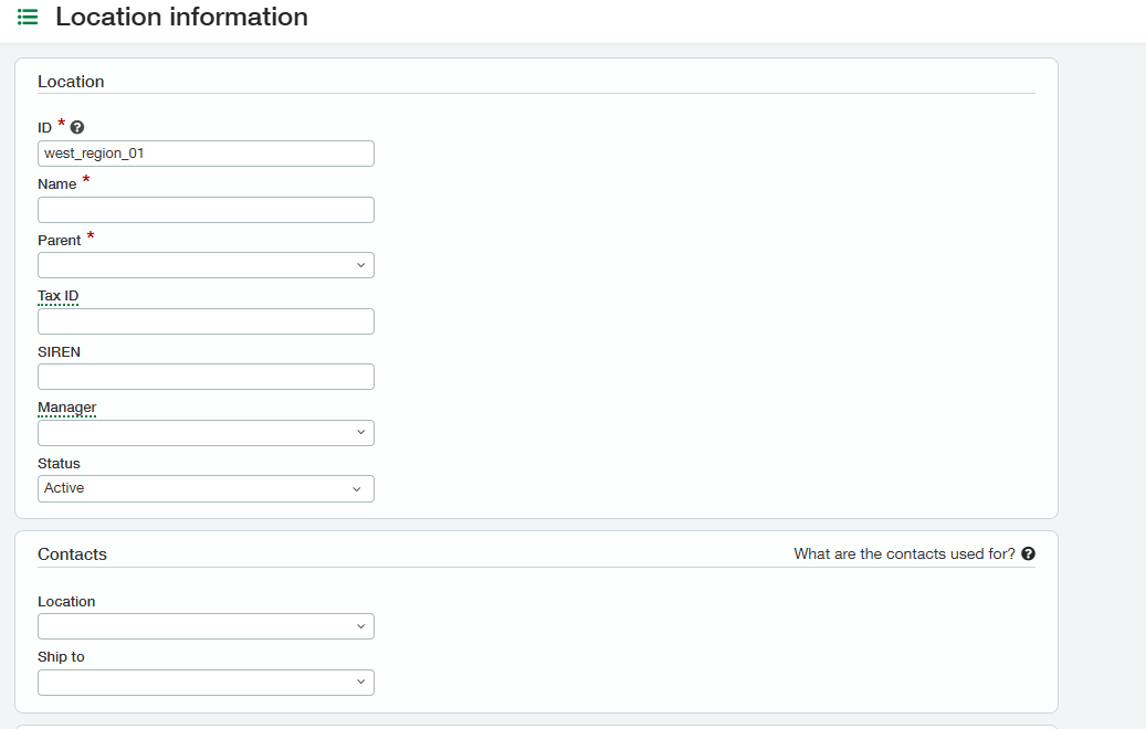 Image showing new location dimension form with fields such as ID, Name, Status, Parent field etc.