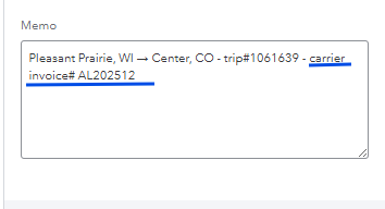 Displays a transaction Memo text box containing specific trip routing details alongside the underlined carrier invoice number.