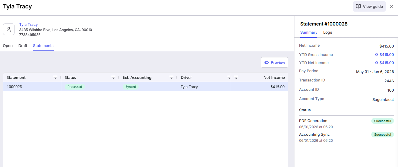 Displays the processed statements dashboard for driver, showing that Statement #1000028 has been successfully generated, processed, and synced to accounting.