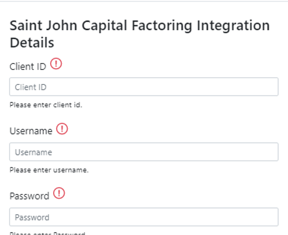 Image displaying the Saint Johns Capital Factoring Integration form in Alvys