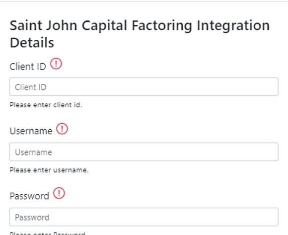Image displaying the Saint Johns Capital Factoring Integration form in Alvys