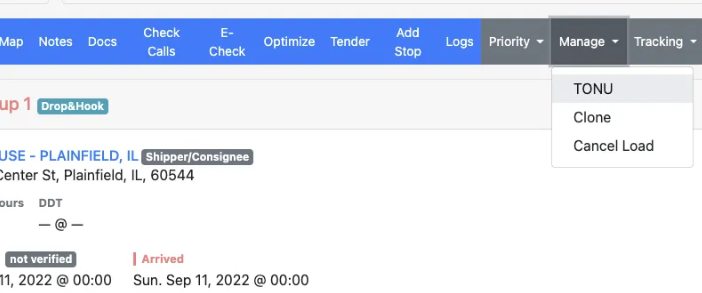 Manage dropdown menu with TONU option highlighted