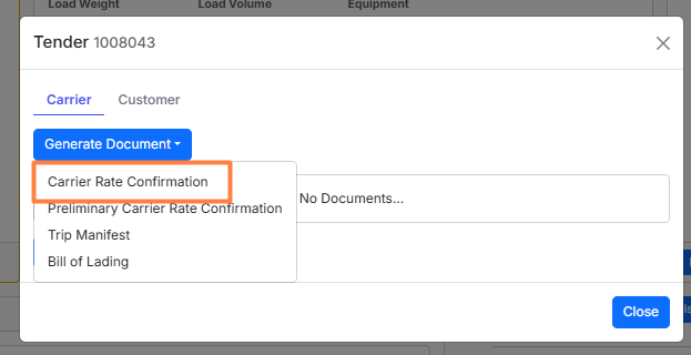 The Generate drop-down menu in the Tender panel showing the Carrier Rate Confirmation option.