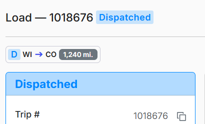 The trip details page showing the dispatched load with 'Dispatched' status.