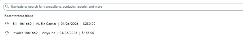 Shows the QBO recent transactions search log tracking updated bill and invoice ledger rows generated under different entities for load 1061669.