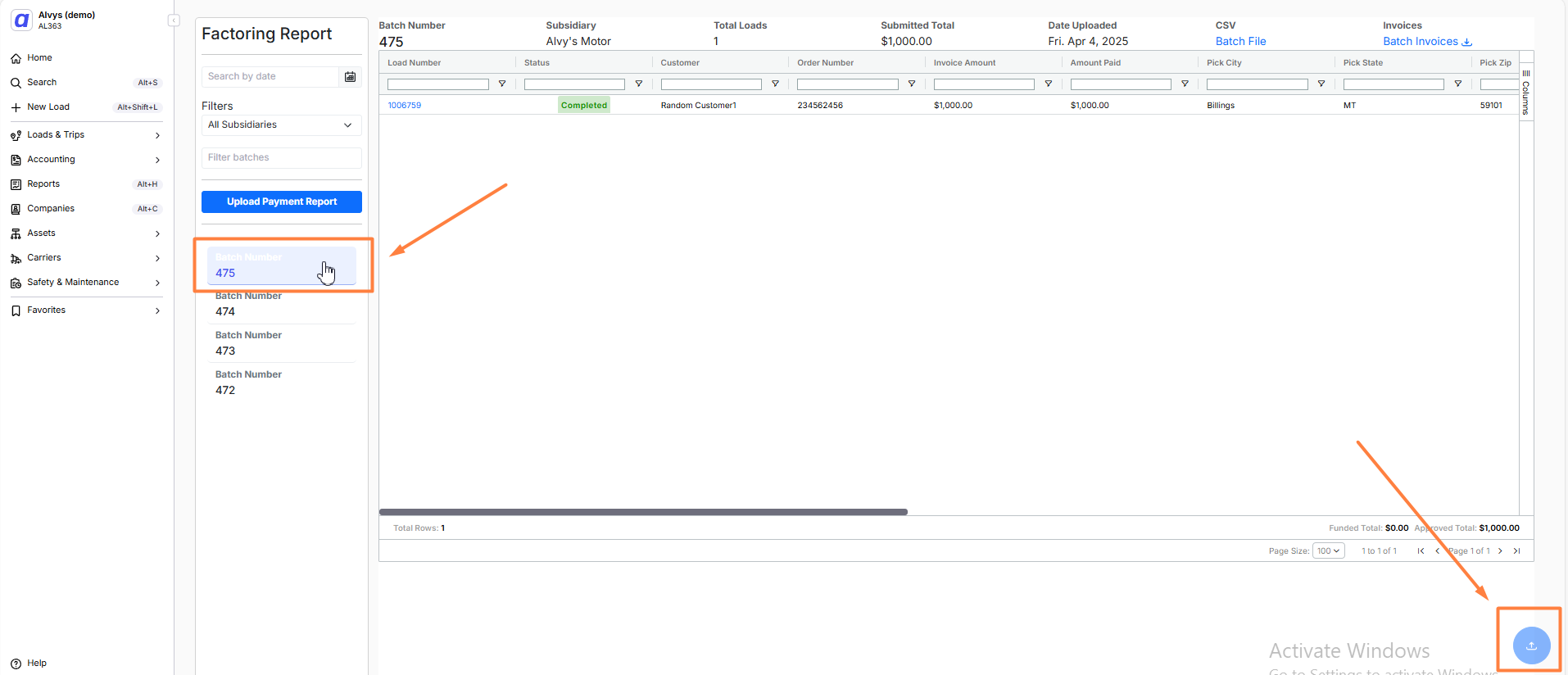 Reports > Factoring page with the Upload Payment Report button visible