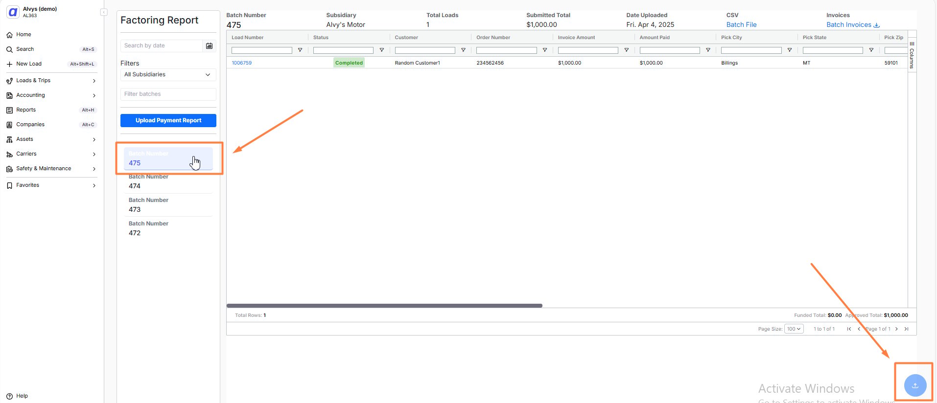 Reports > Factoring page with the Upload Payment Report button visible
