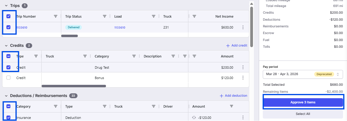 Screenshot of the Create Carrier Statement action.