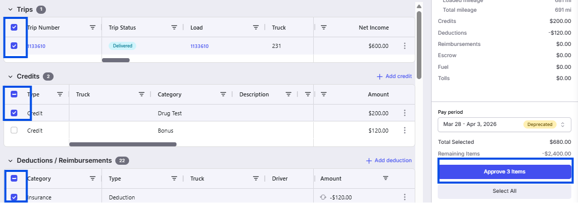 Screenshot of the Create Carrier Statement action.