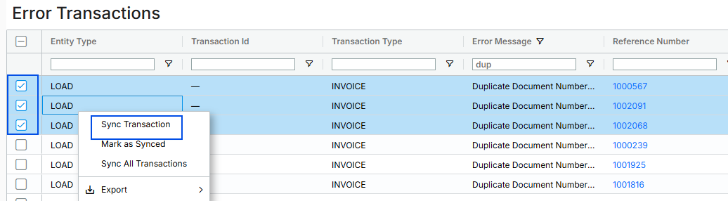 Sync Transaction context menu.