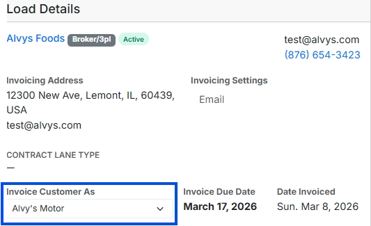 Screenshot showing the Invoice Customer As dropdown on a load.