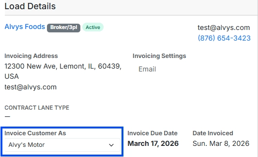 Screenshot showing the Invoice Customer As dropdown on a load.
