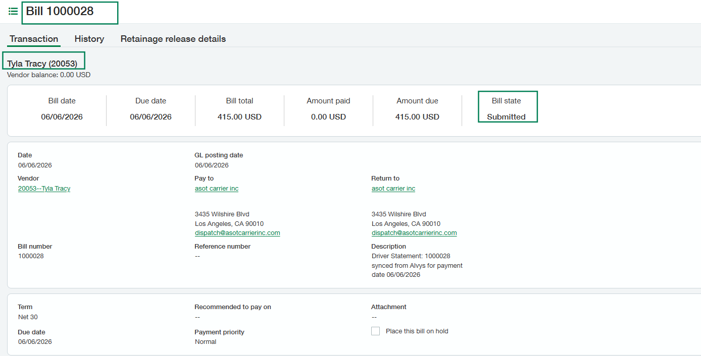 Shows the external accounting platform entry for Bill 1000028, with green highlights calling out the bill identifier, driver name, and its finalized Submitted state.