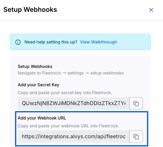Image showing “Setup Webhooks” dialog with webhook details such as secret key and webhook URL
