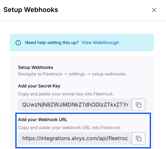 Image showing “Setup Webhooks” dialog with webhook details such as secret key and webhook URL