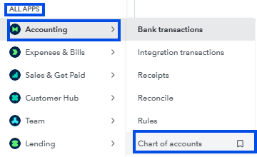 Screenshot showing the Chart of Accounts navigation in QuickBooks Online (via All Apps or Accounting menu)