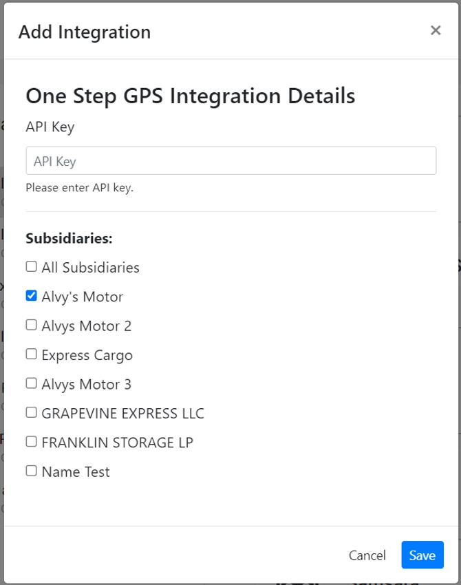 OneStepGPS API Key input field and Save button on the ELD integration settings screen.