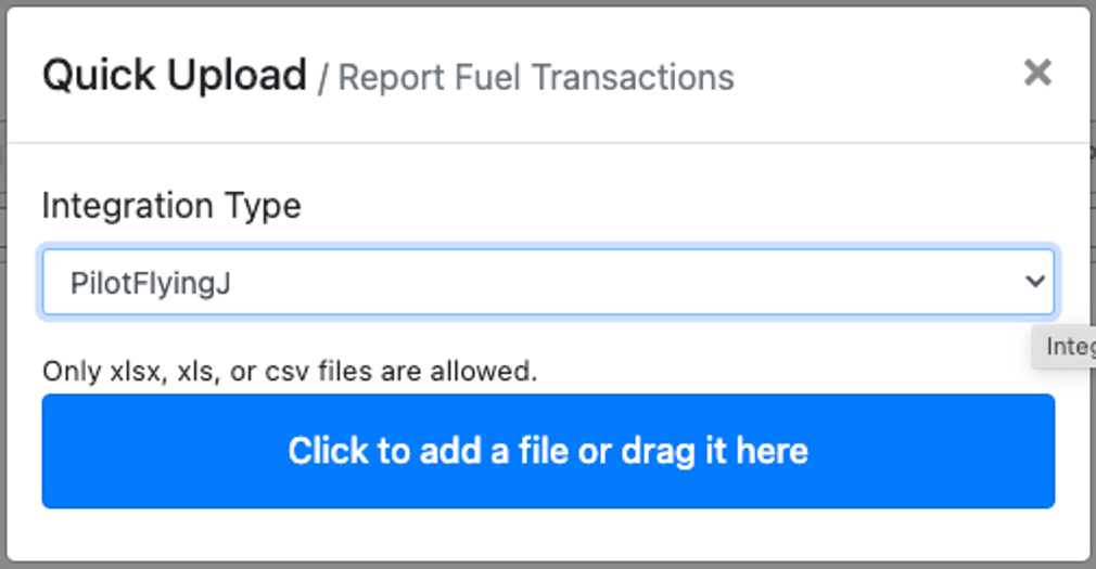 Quick Upload pop-up with PilotFlyingJ as the Integration Type