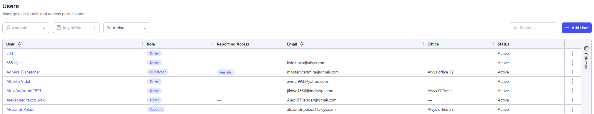 Add User form showing name, email, and role fields