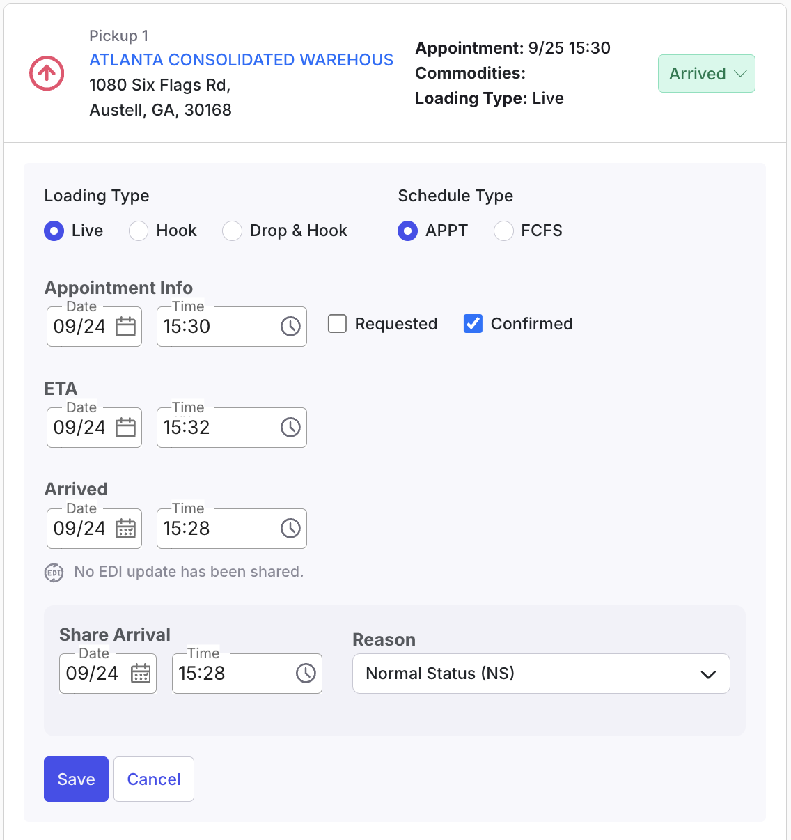 Stop card showing the Arrived status with Share Arrival fields and Reason dropdown