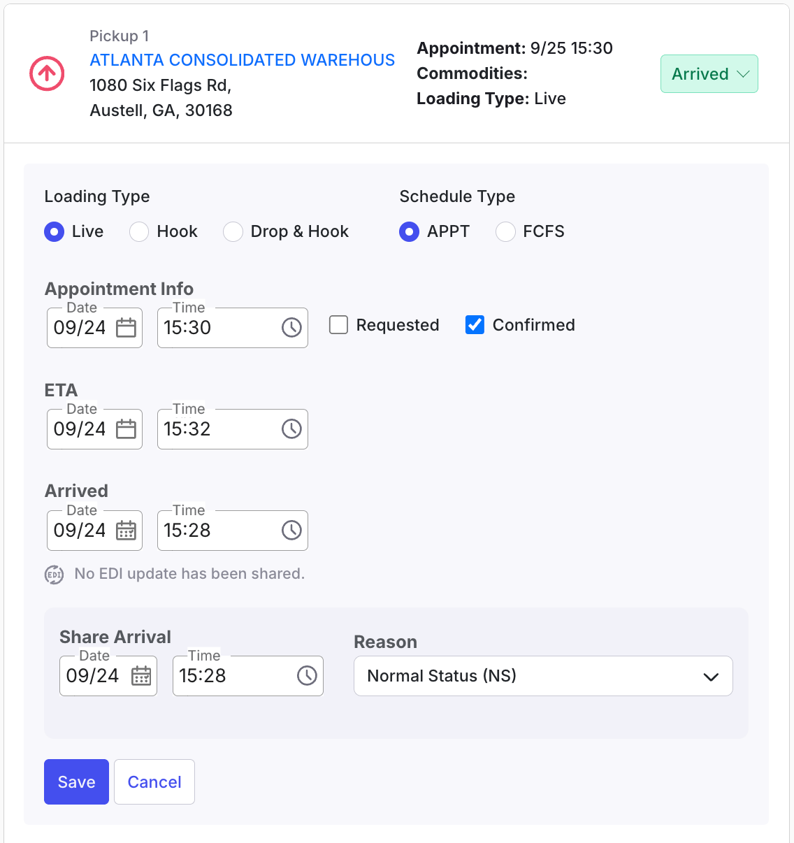 Stop card showing the Arrived status with Share Arrival fields and Reason dropdown